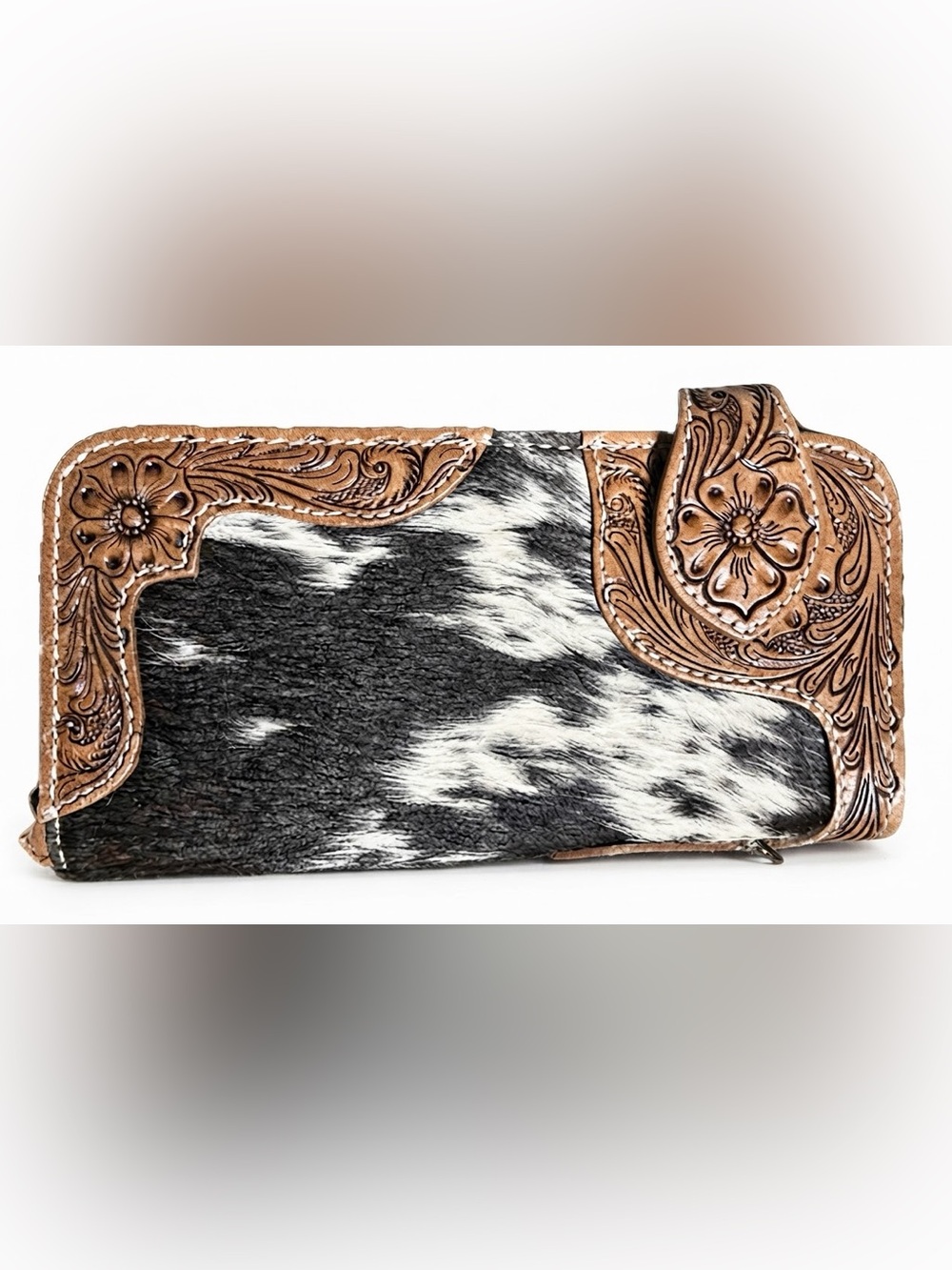 🤠  Sensational Myra Bag Hand-Tooled Leather & Cowhide Wristlet Wallet! 4"x 8" - Picture 5 of 11